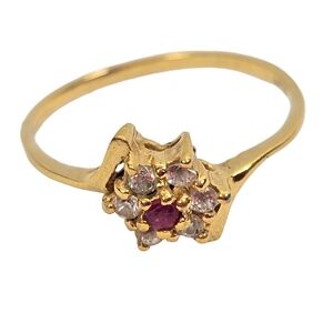Vintage 14K HGE Ruby & CZ Cocktail Ring Statement Ring | Size 8.5 | Flower Shape